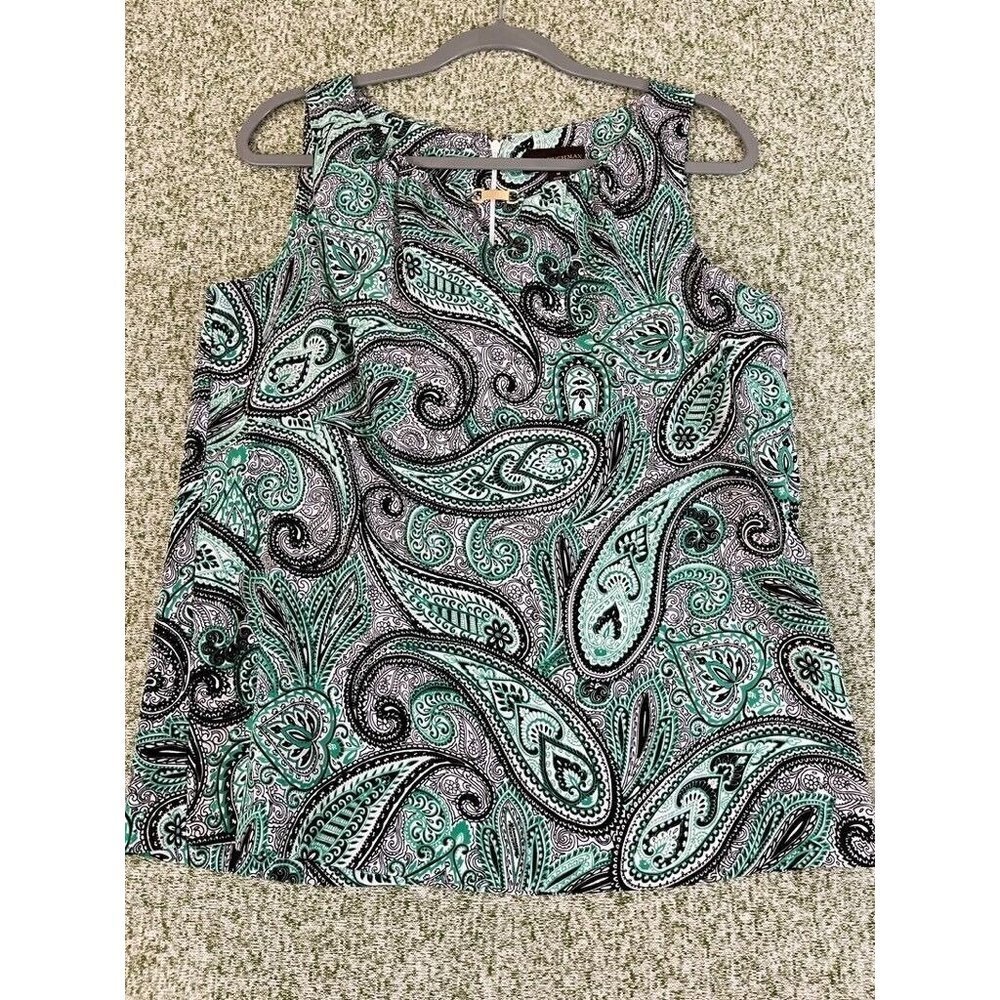 Dana Buckman Tops Women Medium Green Paisley Popover Tank Scoop Neck Key Hole